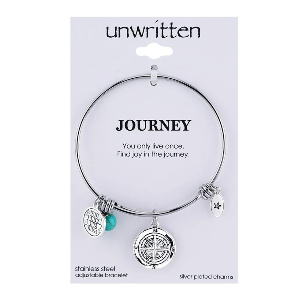 商品Unwritten|Journey Compass Charm and Manufactured Turquoise (8mm) Adjustable Bangle Bracelet in Stainless Steel with Silver Plated Charms,价格¥104,第3张图片详细描述