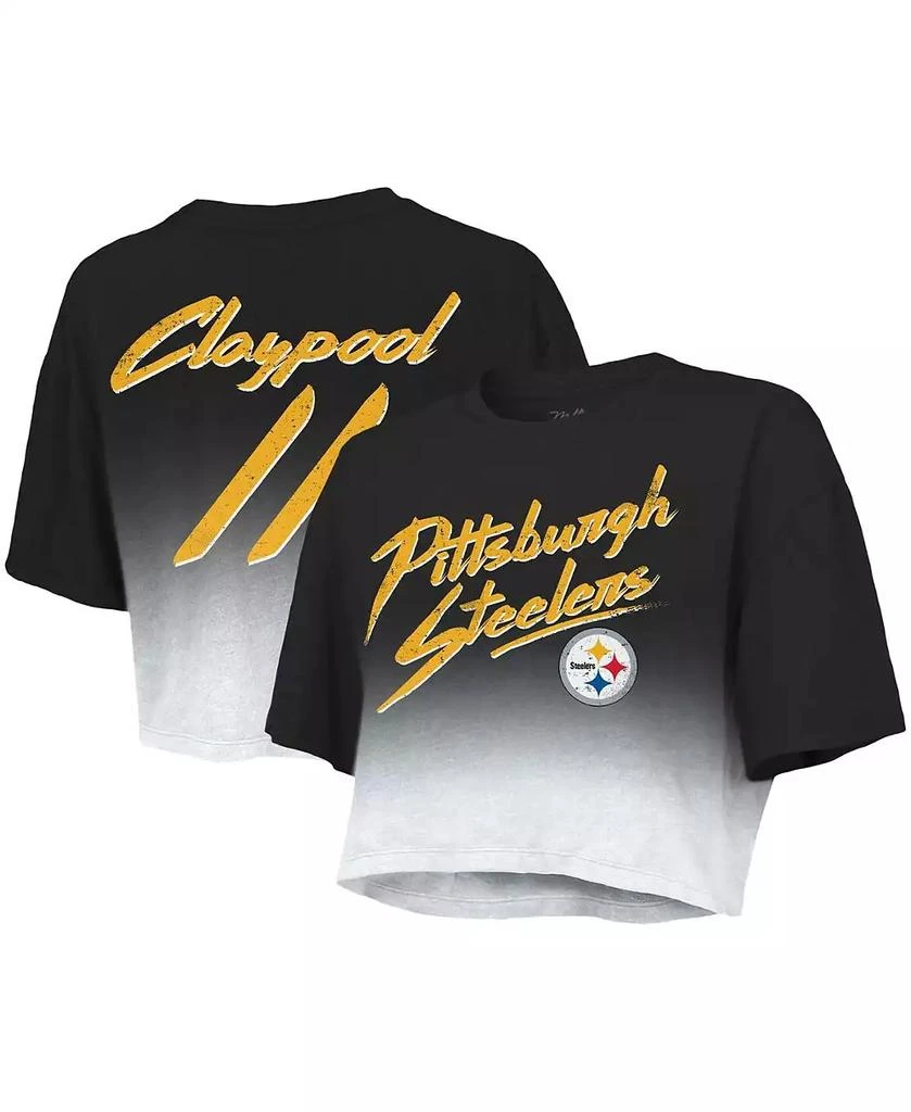 商品Majestic|Women's Threads Chase Claypool Black, White Pittsburgh Steelers Drip-Dye Player Name and Number Tri-Blend Crop T-shirt,价格¥328,第1张图片