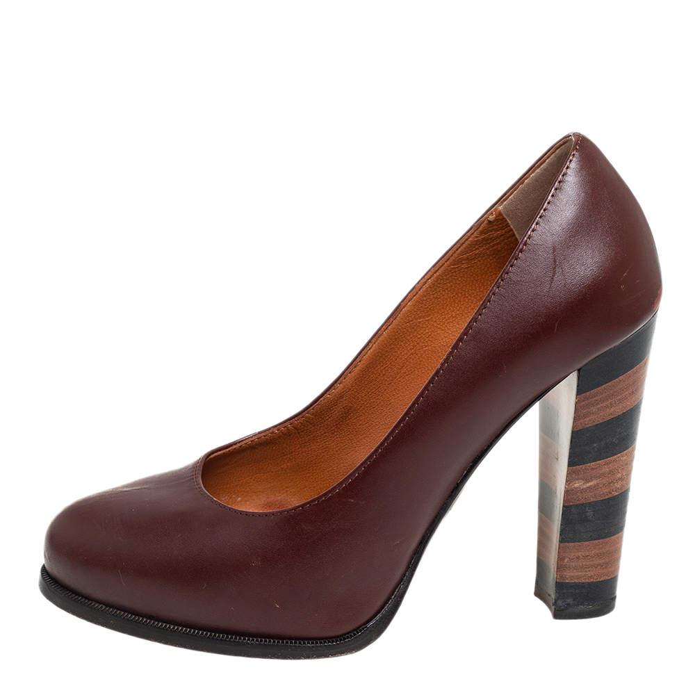 Fendi Burgundy Leather Pequin Block Heel Pumps Size 35商品第2张图片规格展示