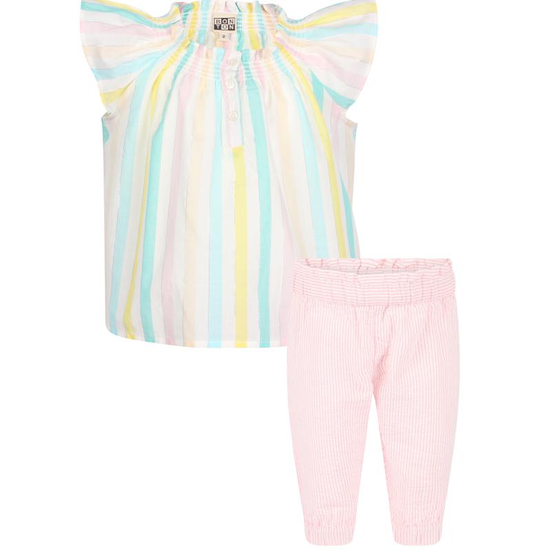 Sleeveless shirt with elasticated neckline and trousers set in stripes pastel colors and pink商品第1张图片规格展示