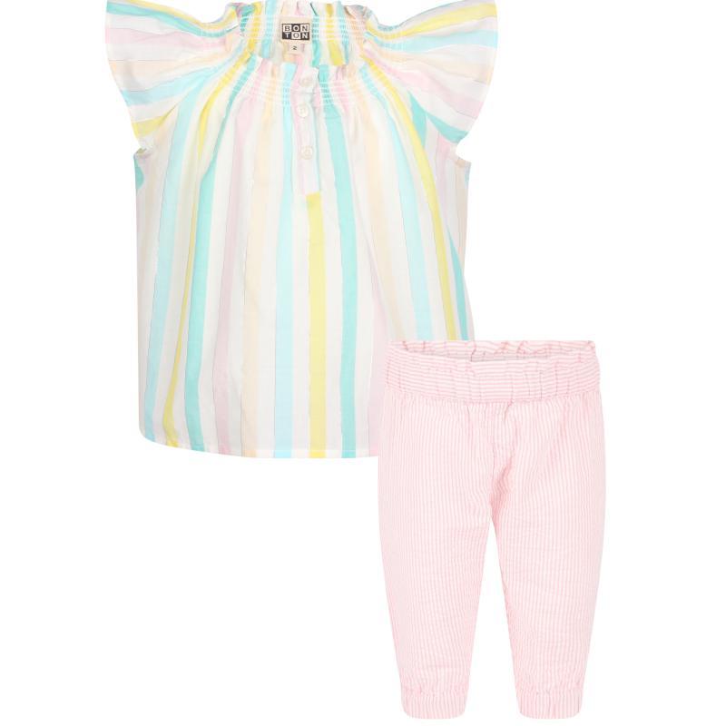 商品Bonton|Sleeveless shirt with elasticated neckline and trousers set in stripes pastel colors and pink,价格¥870,第1张图片