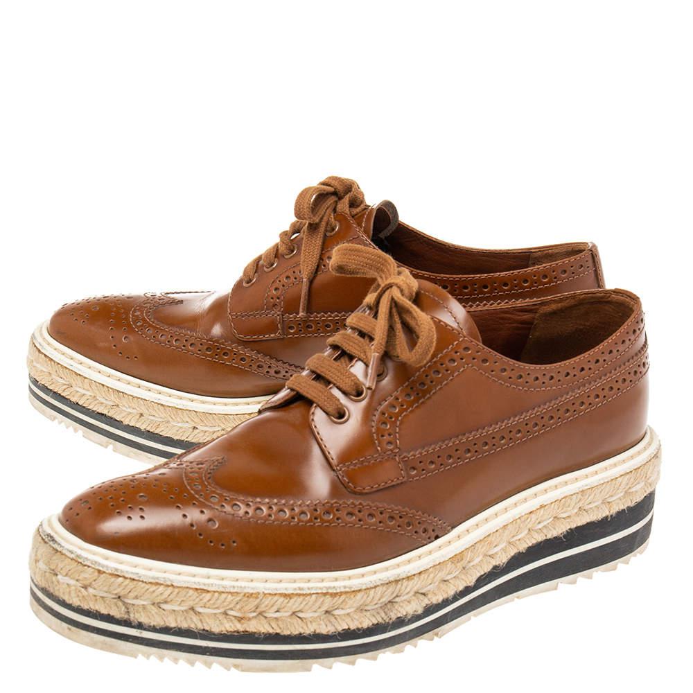 Prada Brown Brogue Leather Espadrille Derby Sneakers Size 37商品第4张图片规格展示