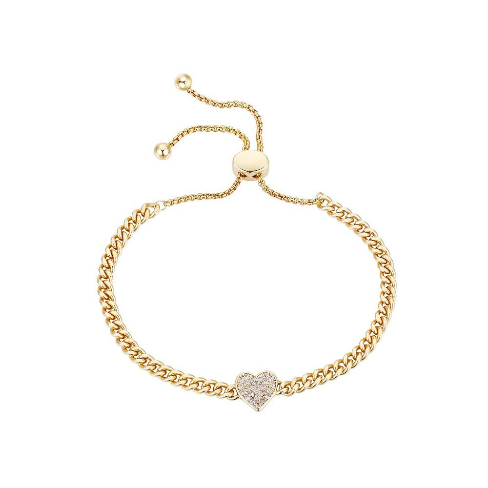 Gold Flash-Plated Cubic Zirconia Pave Heart Curb Chain Adjustable Bolo Bracelet商品第1张图片规格展示