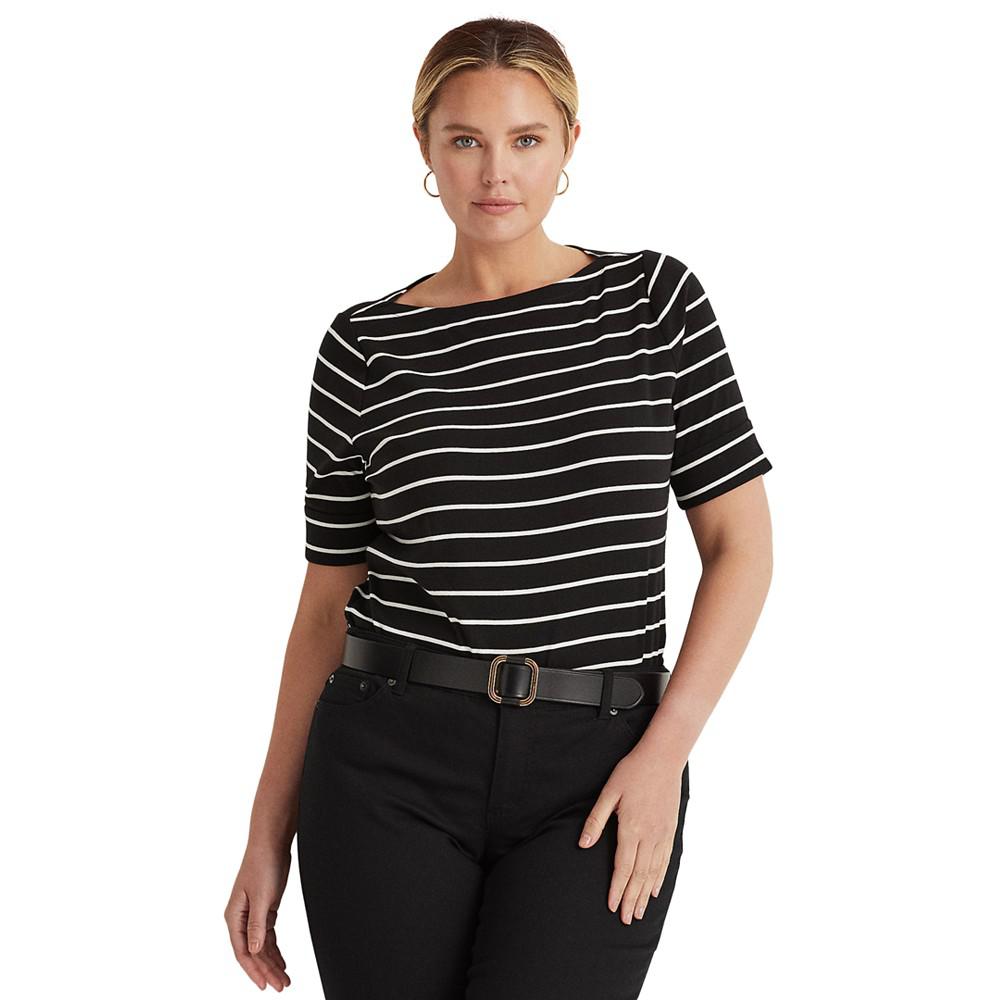 Plus Size Striped Cotton Boatneck T-Shirt商品第1张图片规格展示