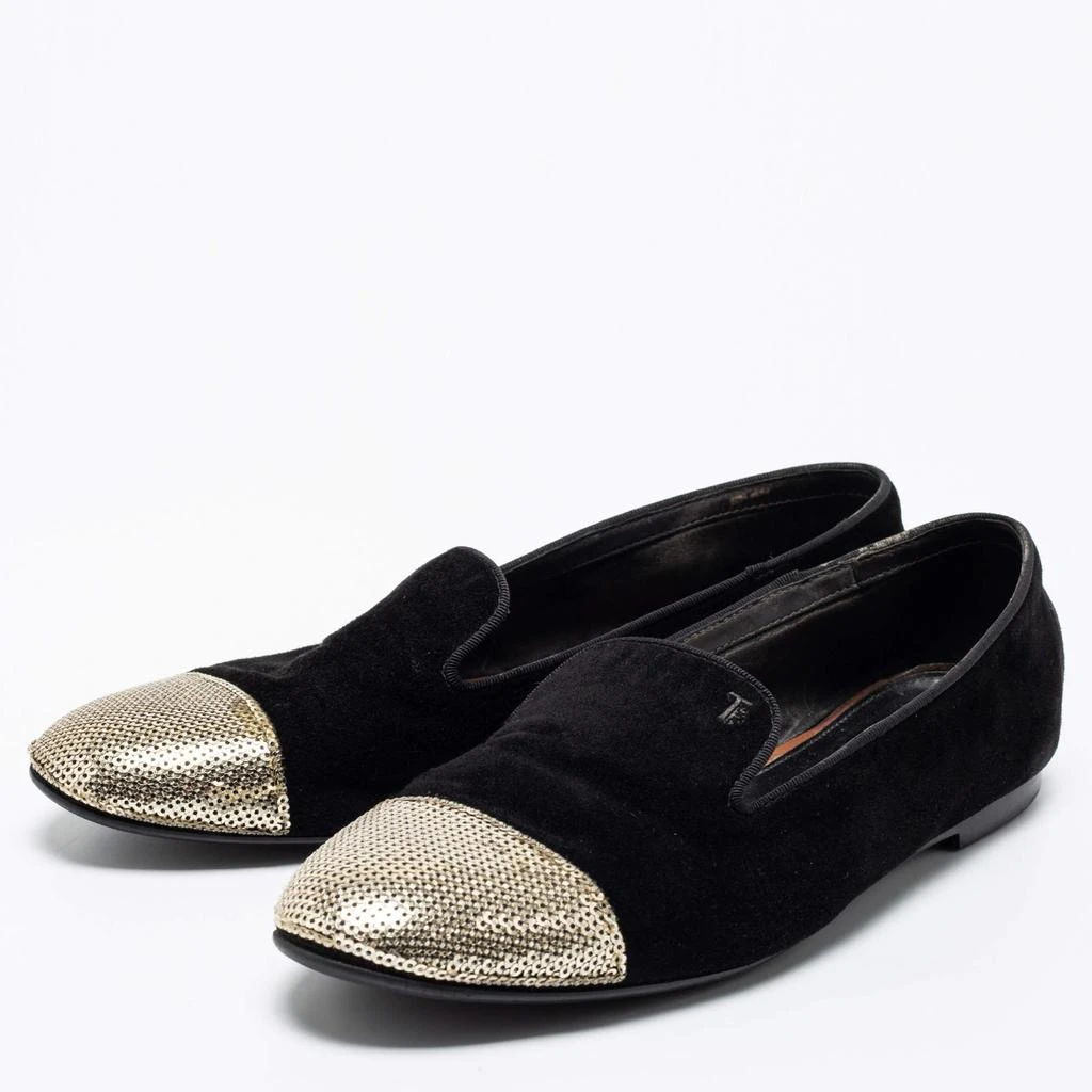 商品[二手商品] Tod's|Tod's Black/Gold Suede and Sequins Embellished Cap-Toe Slip-On Loafers Size 37.5,价格¥1549,第2张图片详细描述