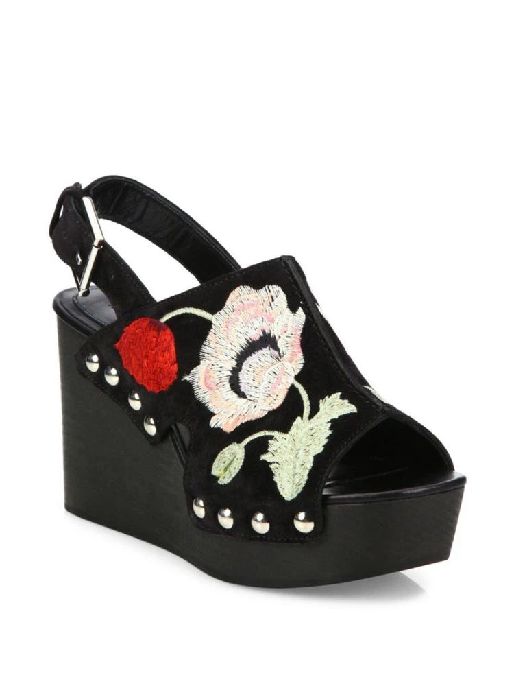 商品Alexander McQueen|Floral-Embroidered Suede Wedge Slingbacks,价格¥2985,第1张图片