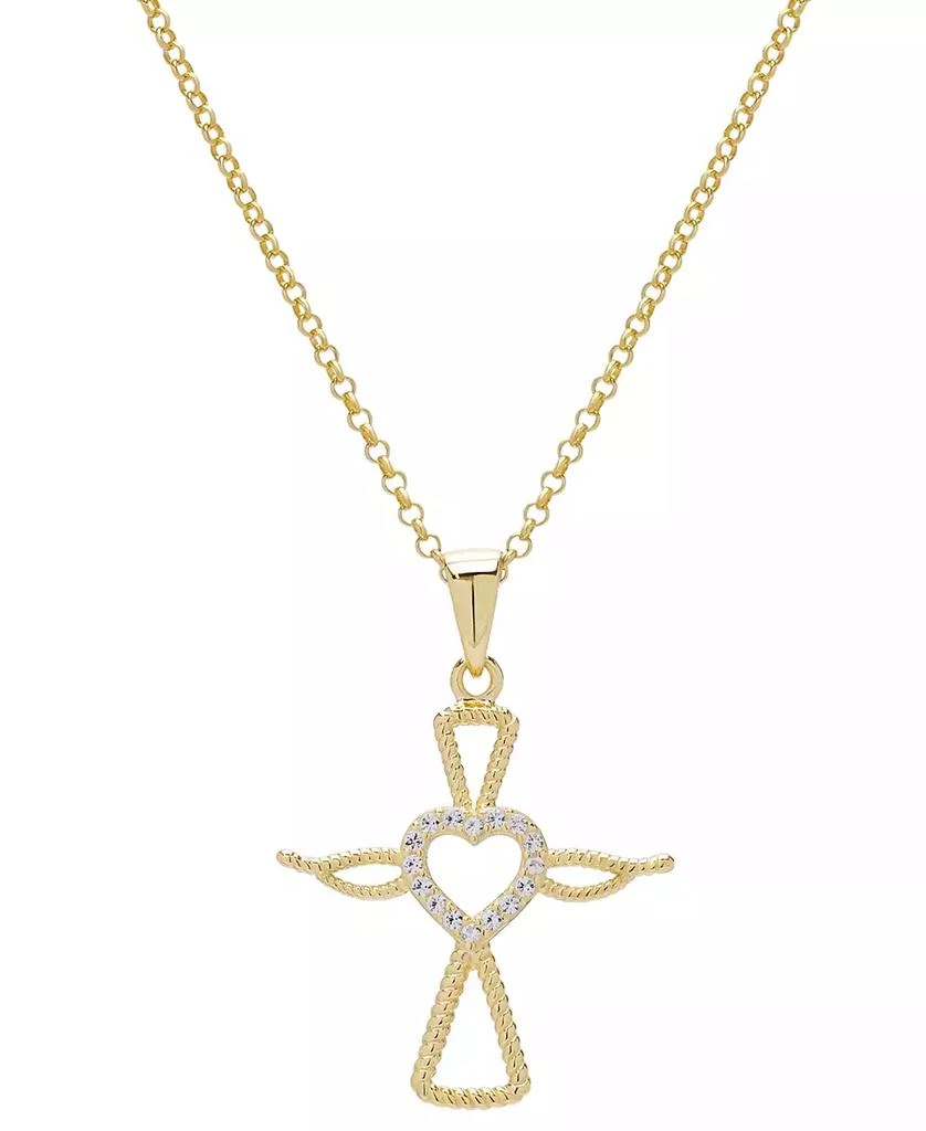 商品Macy's|Lab Grown White Sapphire Angel & Heart 18" Pendant Necklace (1/6 ct. t.w.) in 14k Gold-Plated Sterling Silver,价格¥187,第1张图片