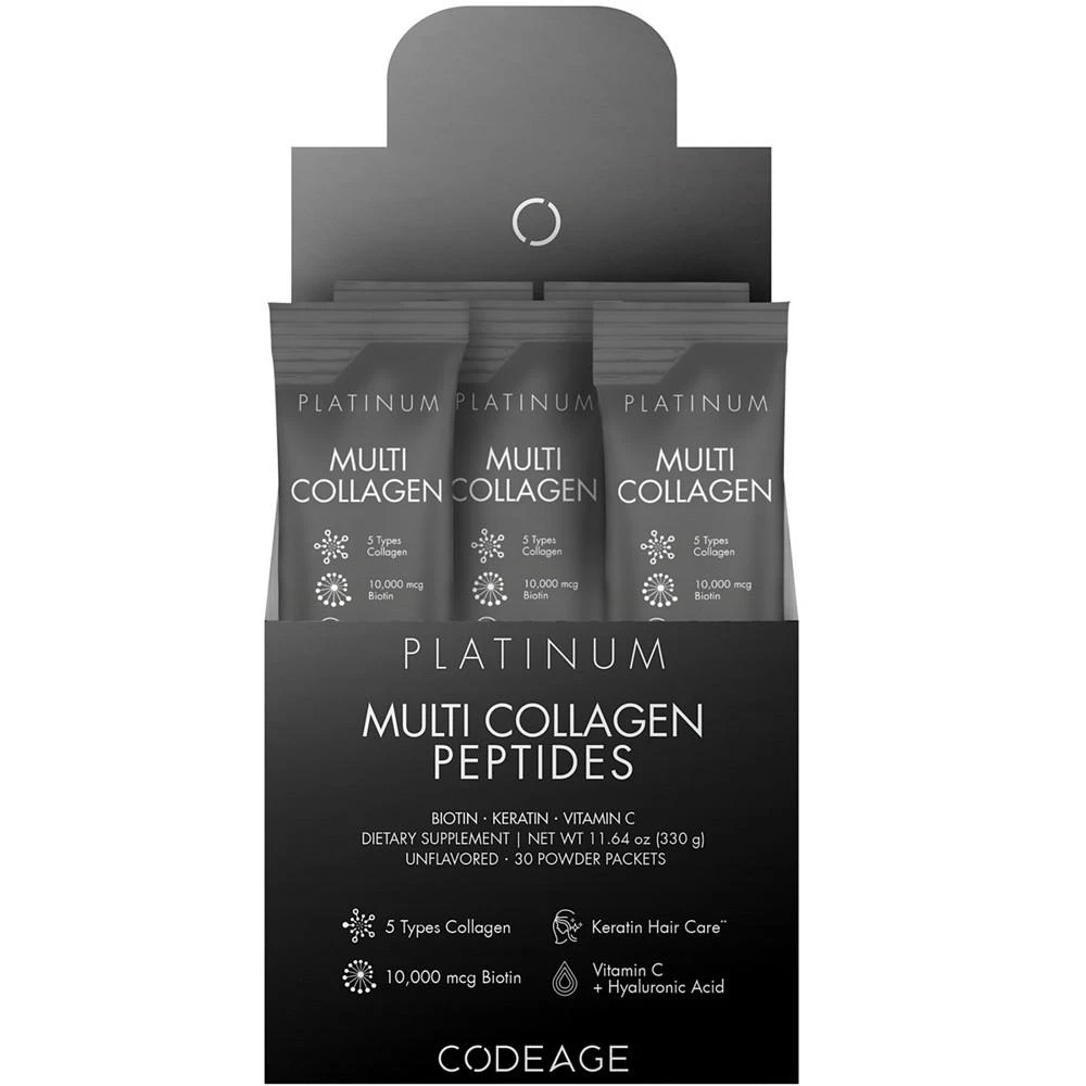 商品Codeage|Multi Collagen and Biotin 10,000 mcg + Vitamin C Powder Supplement, B6 & D3 - Platinum - 30 Stick Packs,价格¥448,第1张图片