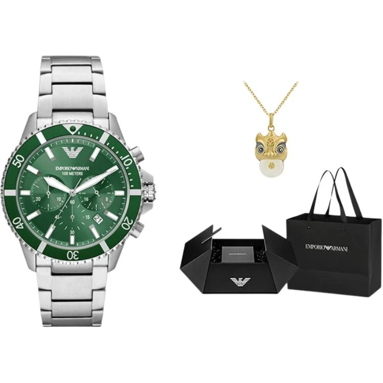 商品[国内直发] Emporio Armani|阿玛尼腕表 石英机芯 不锈钢表带 43mm 绿色表盘 男表 绿水鬼多功能三眼计时欧美男表手表,价格¥3504,第5张图片详细描述