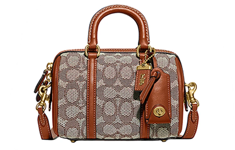 商品[国内直发] Coach|蔻驰 Ruby 经典标志提花 织物配牛皮革 波士顿包手提单肩斜挎包 小号 女款 棕色老花,价格¥3203,第1张图片