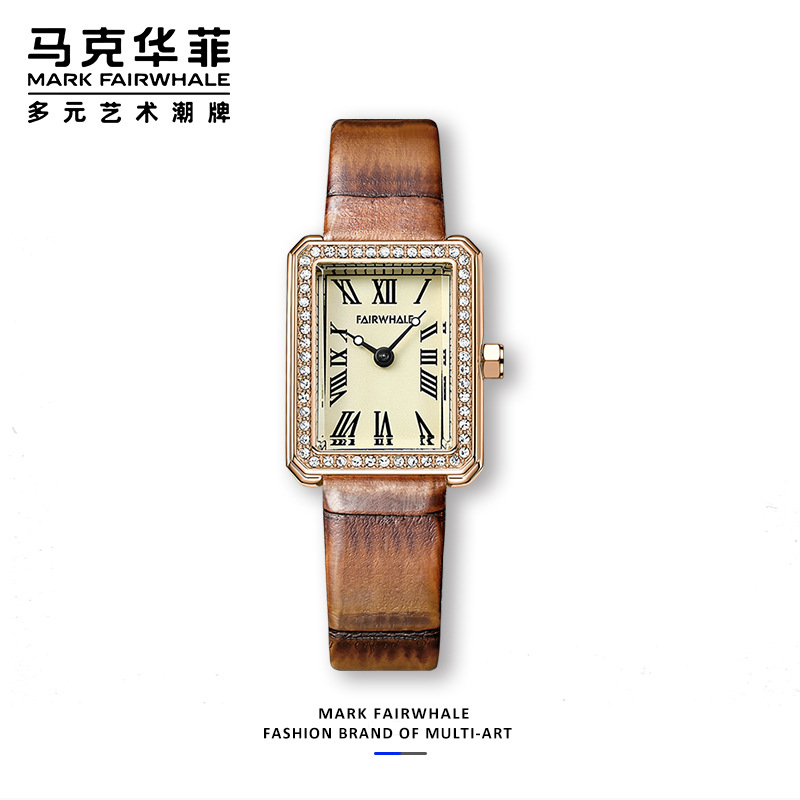 马克华菲品牌手表复古小方表女士镶钻石英手表商品第1张图片规格展示