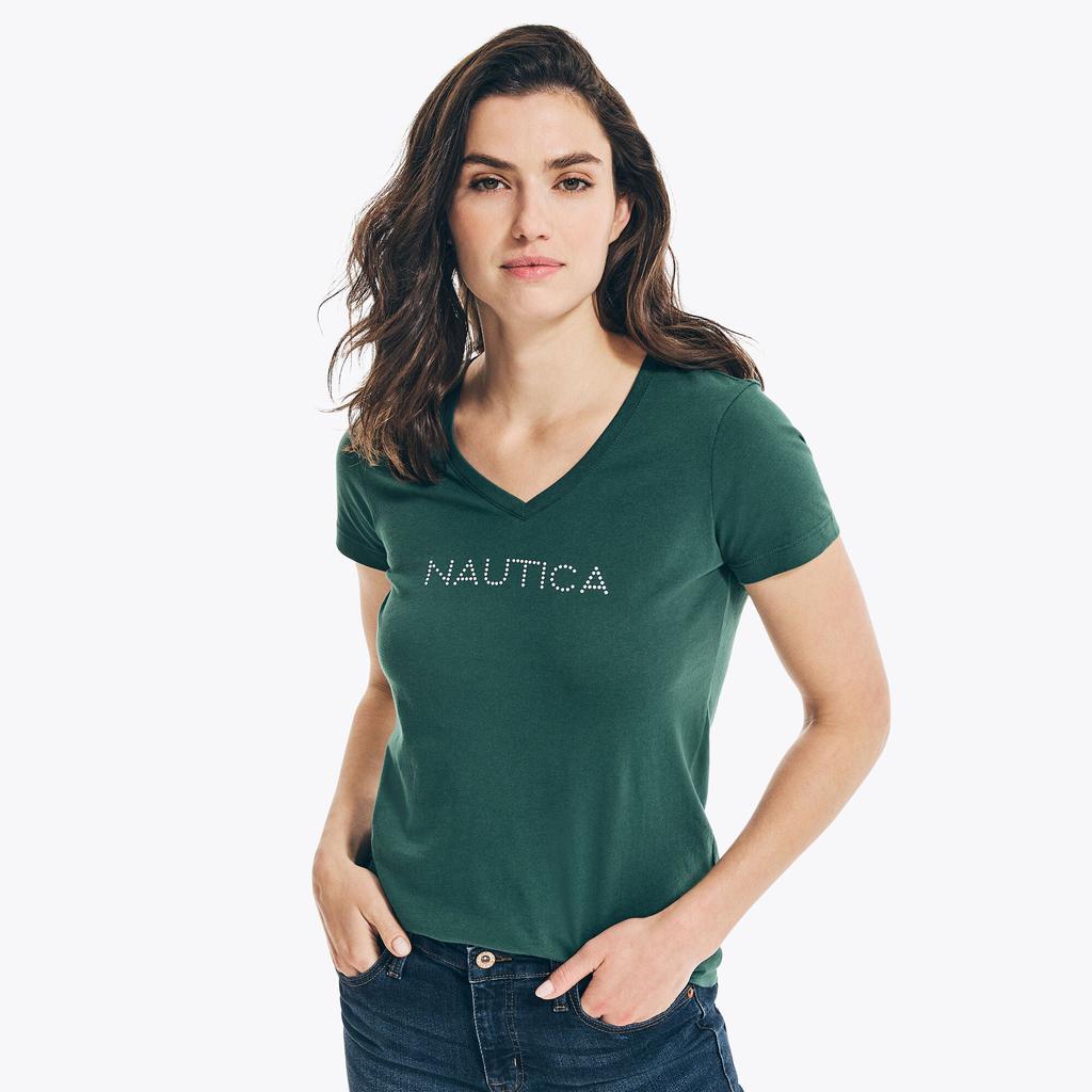 Nautica Womens Studded Logo V-Neck T-Shirt商品第2张图片规格展示