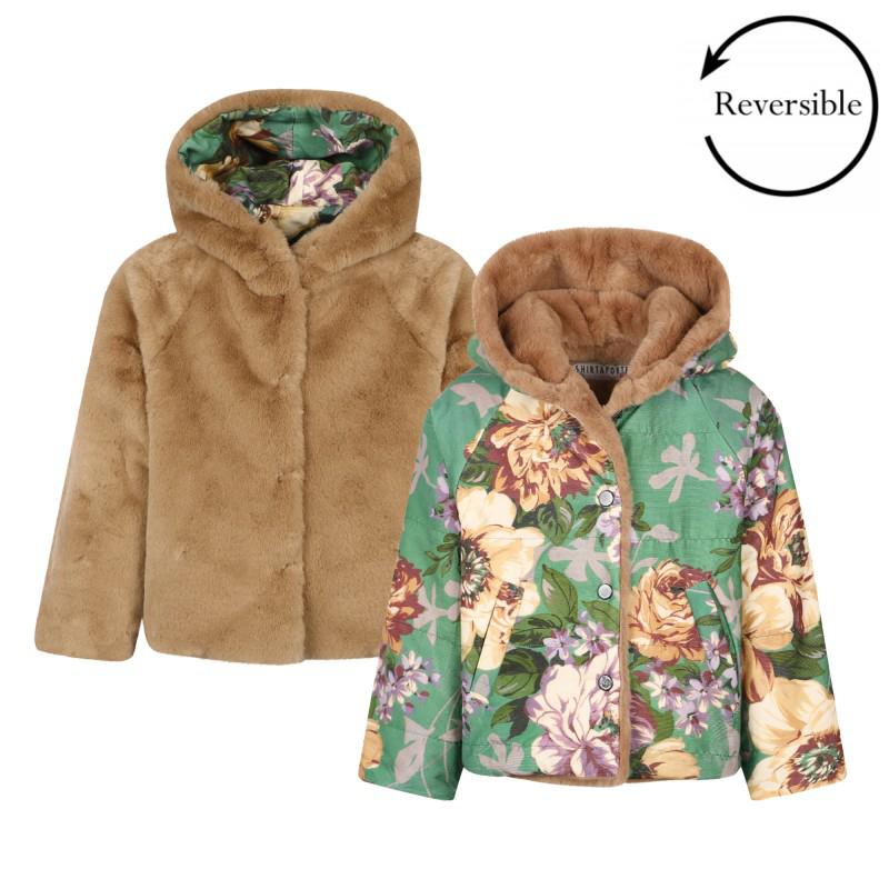 Reversible floral print faux fur jacket in light brown and green商品第1张图片规格展示