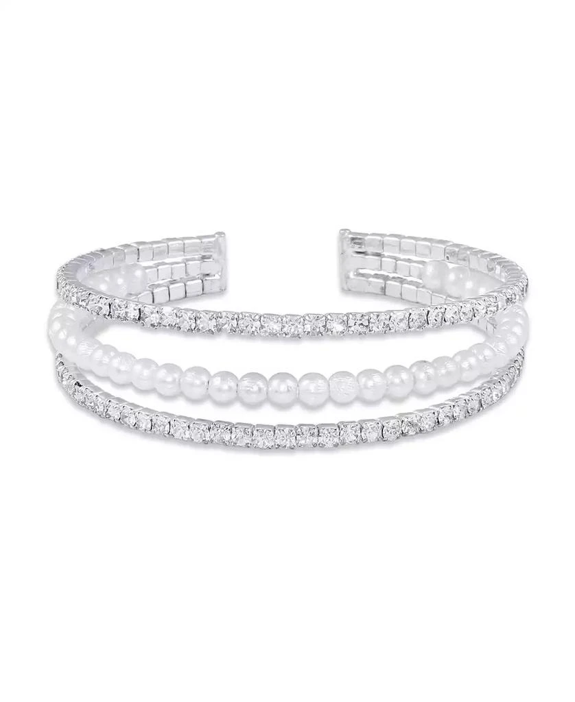 商品Macy's|3 Row Crystals with Imitation Pearl Coil Cuff Bracelet,价格¥220,第1张图片