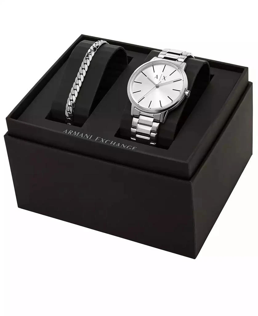 商品Armani Exchange|Men's Three-Hand Silver-tone Stainless Steel Bracelet Watch and 1 Bracelet Gift Set,价格¥811,第4张图片详细描述