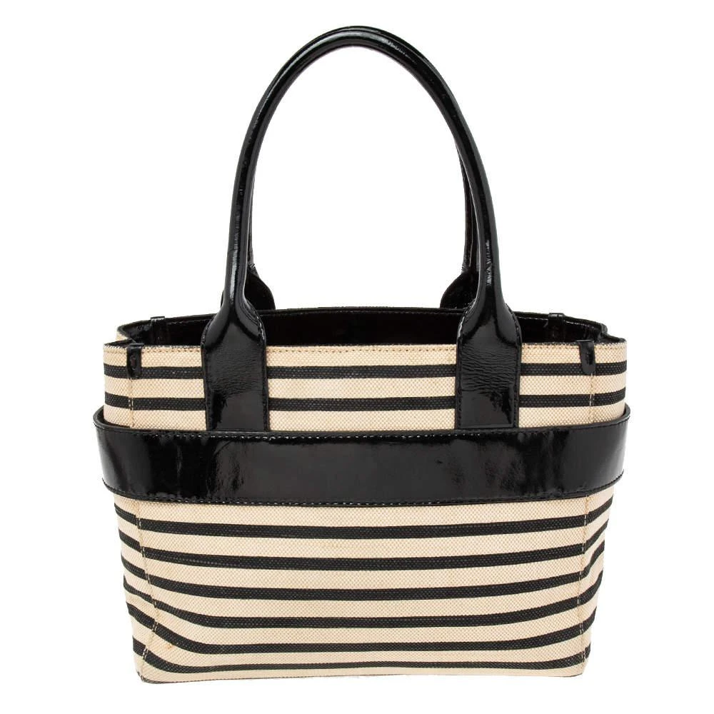 商品[二手商品] Kate Spade|Kate Spade Black/Beige Striped Canvas and Patent Leather Bow Tote,价格¥874,第4张图片详细描述