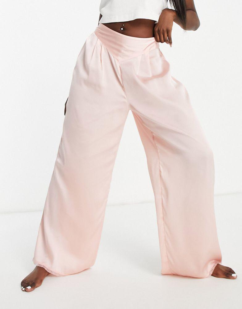 Topshop lace trim satin pyjama trouser in pink商品第1张图片规格展示