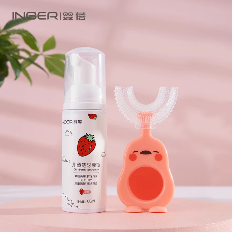 商品[国内直发] INBER|儿童U型牙刷+慕斯牙膏组合装手动1一2-3-4-6岁半以上宝宝U型软毛硅胶刷牙护齿神器,价格¥29,第1张图片