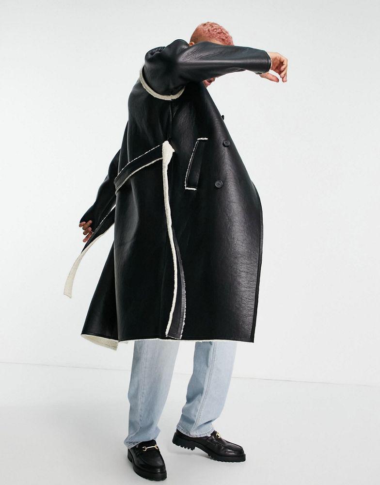 商品ASOS|ASOS DESIGN faux leather trench coat in black with ecru borg lining,价格¥415,第4张图片详细描述