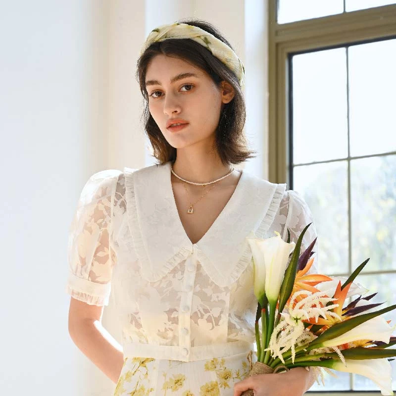 Dakota白色缎面纱复古宫廷娃娃领短款衬衫 | Dakota Blouse - Ivory 商品