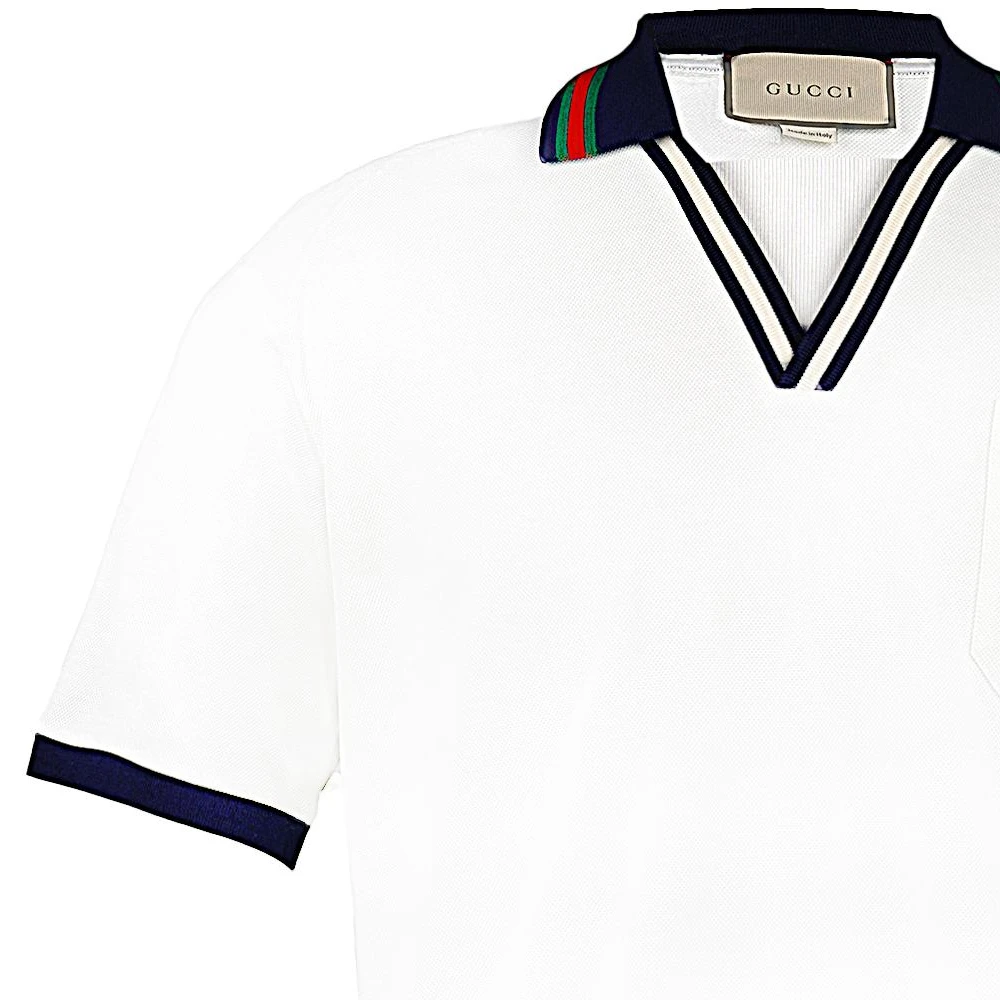 商品[国内直发] Gucci|/古驰 SS23 条纹饰边V领短袖Polo衫 男款 白色,价格¥3973,第7张图片详细描述
