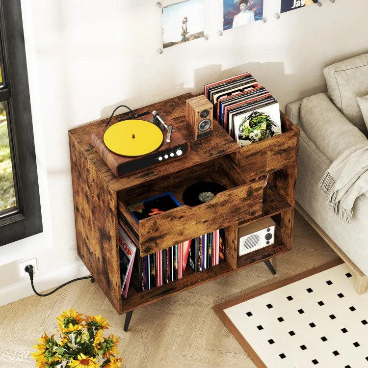 商品Hivvago|Record Player Stand with Power Outlet-Rustic Brown,价格¥1023,第2张图片详细描述