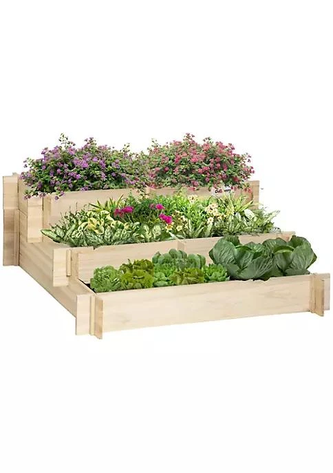 商品Outsunny|3 Tier Wood Raised Garden Bed With Non Woven Fabric Inside Elevated Planting Box Outdoor Vegetable Flower Container Natural,价格¥690,第1张图片