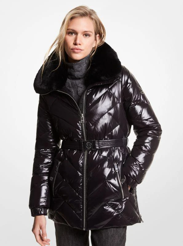 商品Michael Kors|Faux Fur Trim Chevron Quilted Nylon Belted Puffer Coat,价格¥612,第1张图片