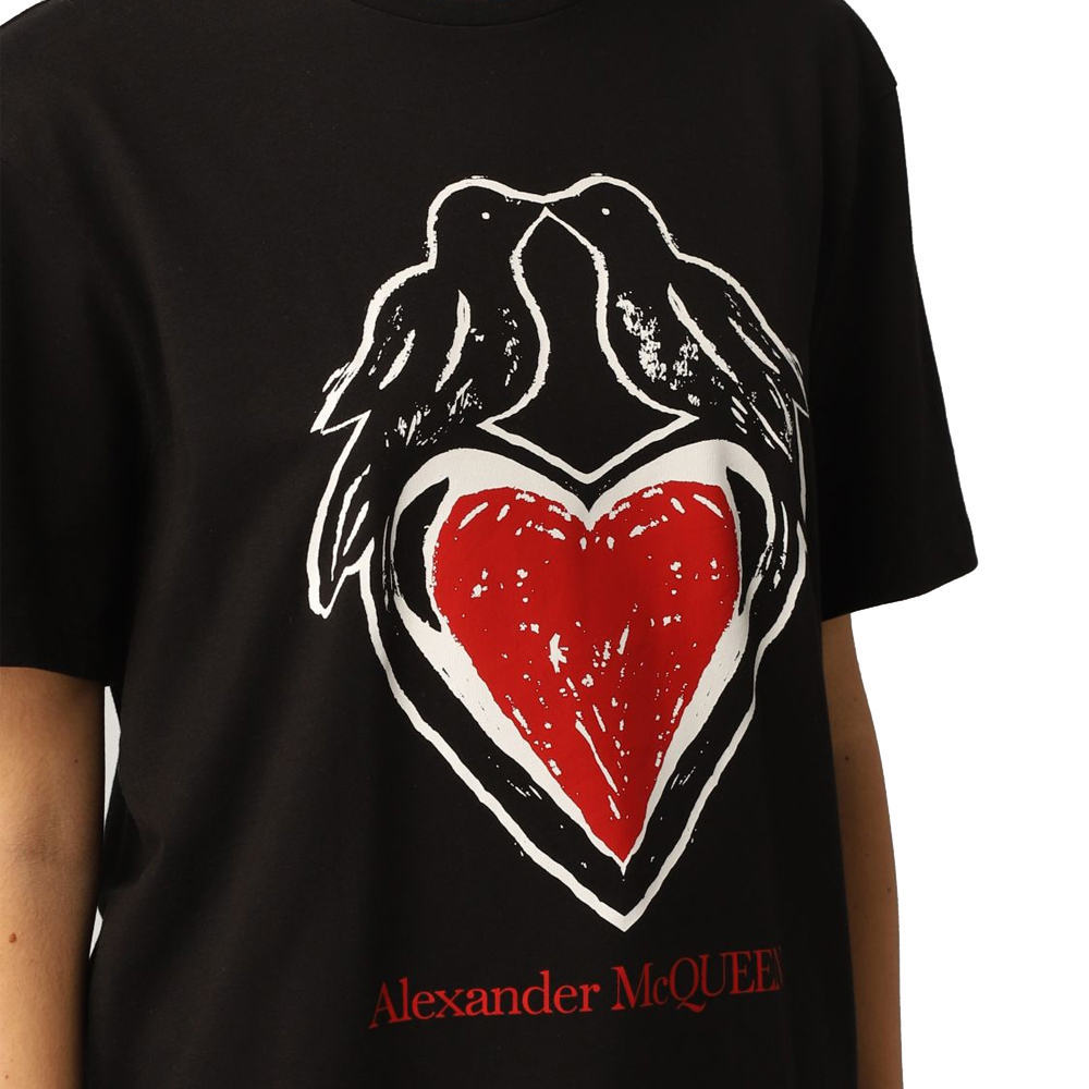 商品Alexander McQueen|ALEXANDER MCQUEEN 女士黑色心形短袖圆领T恤 668432-QZADP-0520,价格¥1259,第1张图片