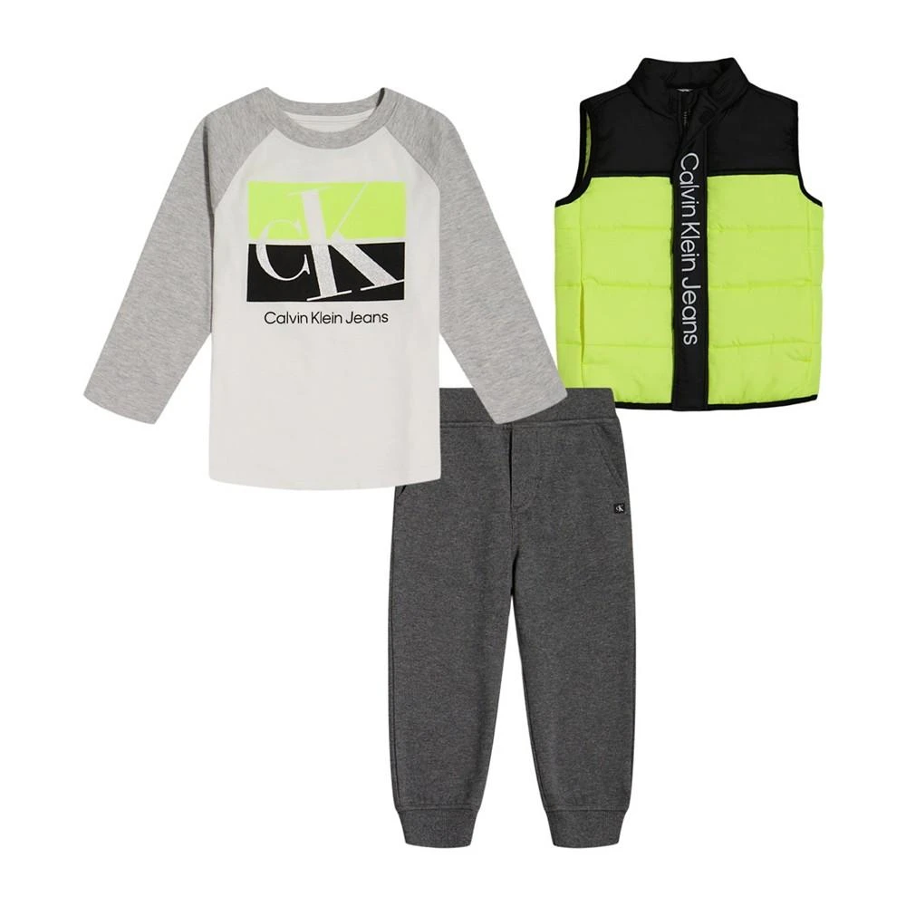 商品Calvin Klein|Little Boys Raglan Sleeve Logo T-shirt, Colorblock Puffer Vest and Fleece Joggers, 3 Piece Set,价格¥354,第1张图片