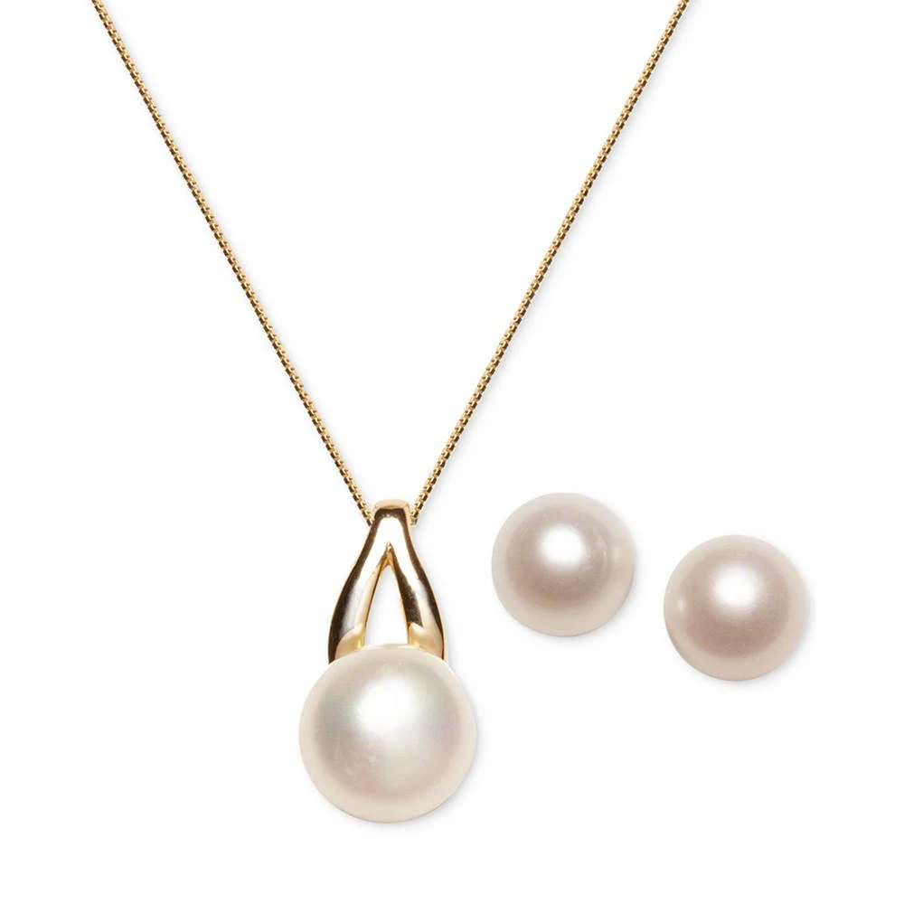 商品Macy's|2-Pc. Set Cultured Freshwater Pearl (9-1/2 & 12-1/2mm) Pendant Necklace & Matching Stud Earrings Set in 18k Gold-Plated Sterling Silver,价格¥330,第1张图片