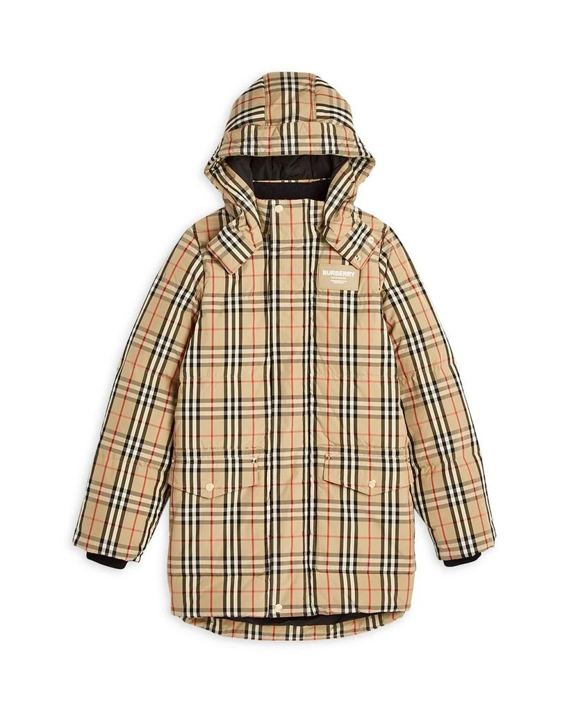 商品Burberry|Unisex Aubin Vintage Check Hooded Down Coat - Little Kid, Big Kid,价格¥3957,第1张图片