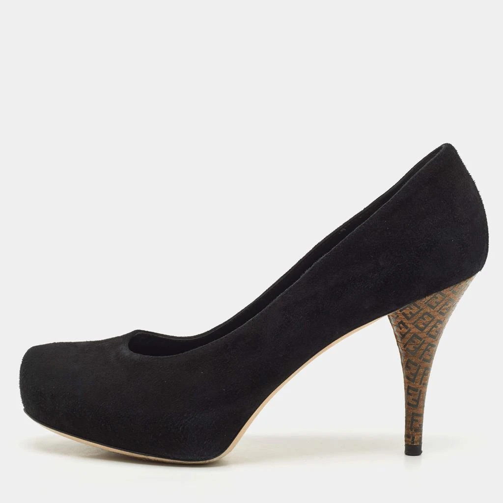商品[二手商品] Fendi|Fendi Black Suede Platform Logo Heel Pumps Size 38,价格¥2326,第1张图片