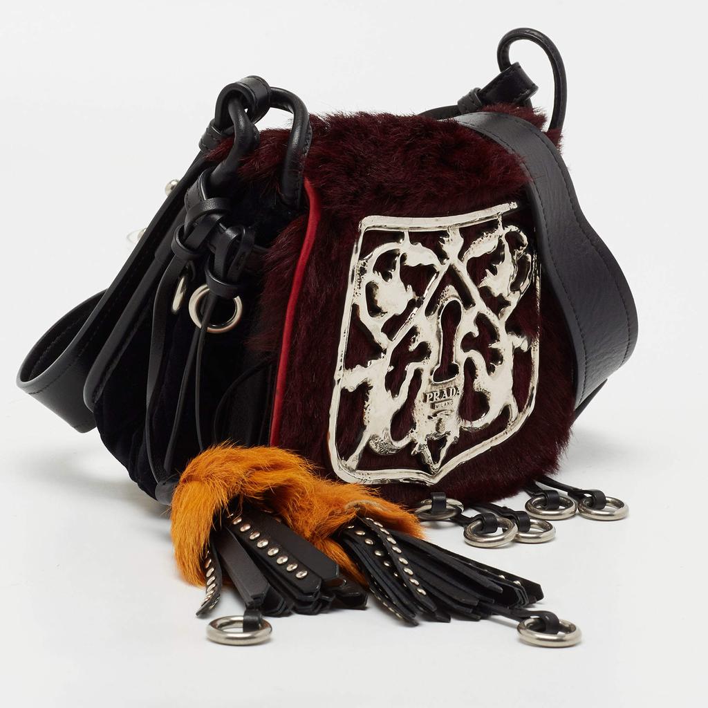 Prada Burgundy/Black Calf Hair And Quilted Velvet Small Corsaire Shoulder Bag商品第3张图片规格展示