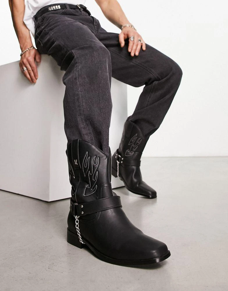 商品Koi Footwear|KOI Bronco grey flame western boot in black,价格¥570,第1张图片
