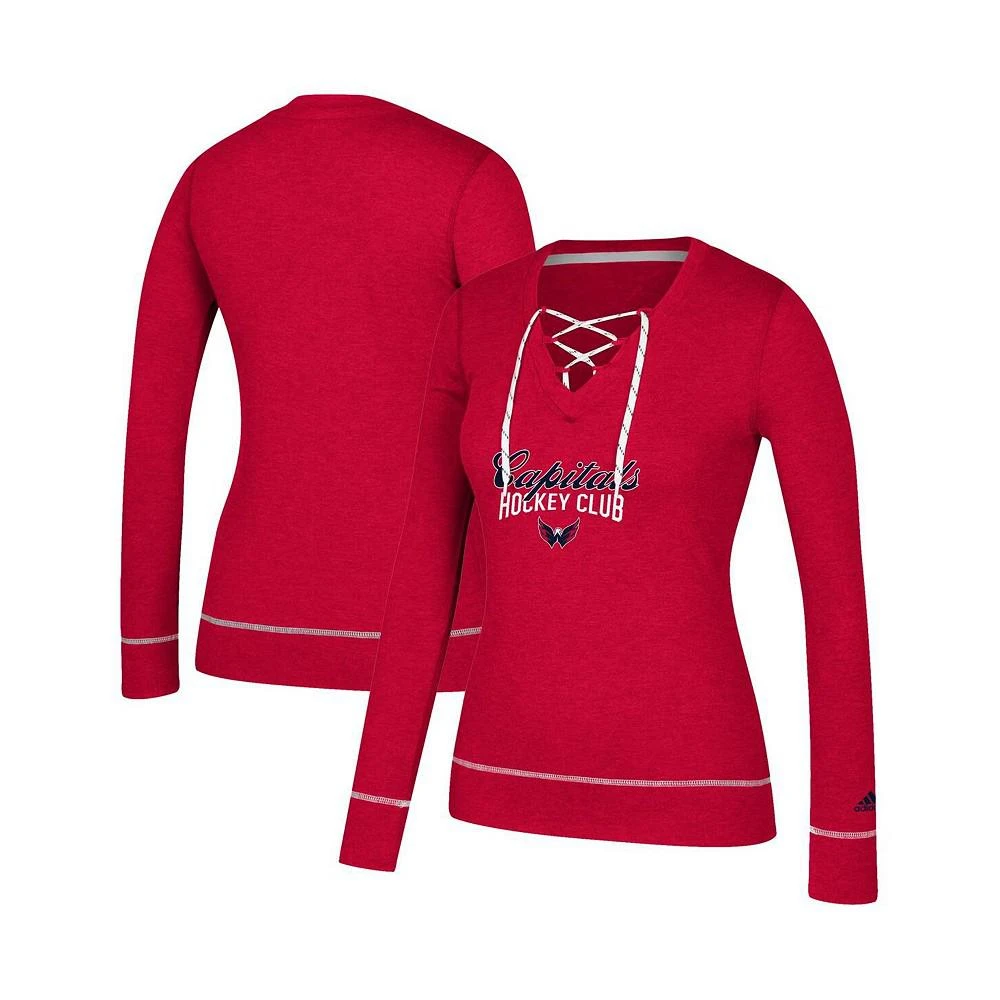 商品Adidas|Women's Heathered Red Washington Capitals Skate Through Long Sleeve Lace-Up V-Neck T-shirt,价格¥422,第1张图片