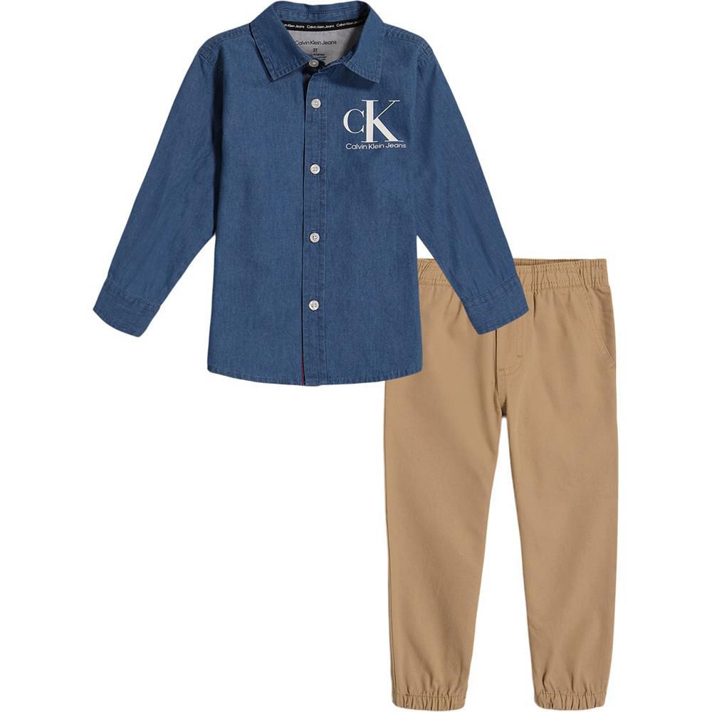 商品Calvin Klein|Little Boys Pre-Washed Denim Logo Button-Front Shirt and Twill Joggers, 2 Piece Set,价格¥291,第1张图片