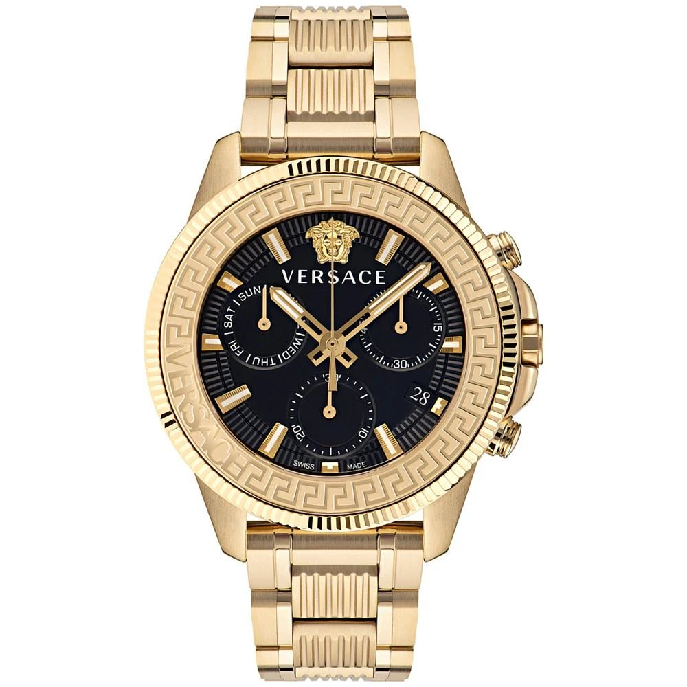 商品Versace|Men's Swiss Chronograph Greca Action Gold Ion Plated Stainless Steel Bracelet Watch 45mm,价格¥8869,第1张图片