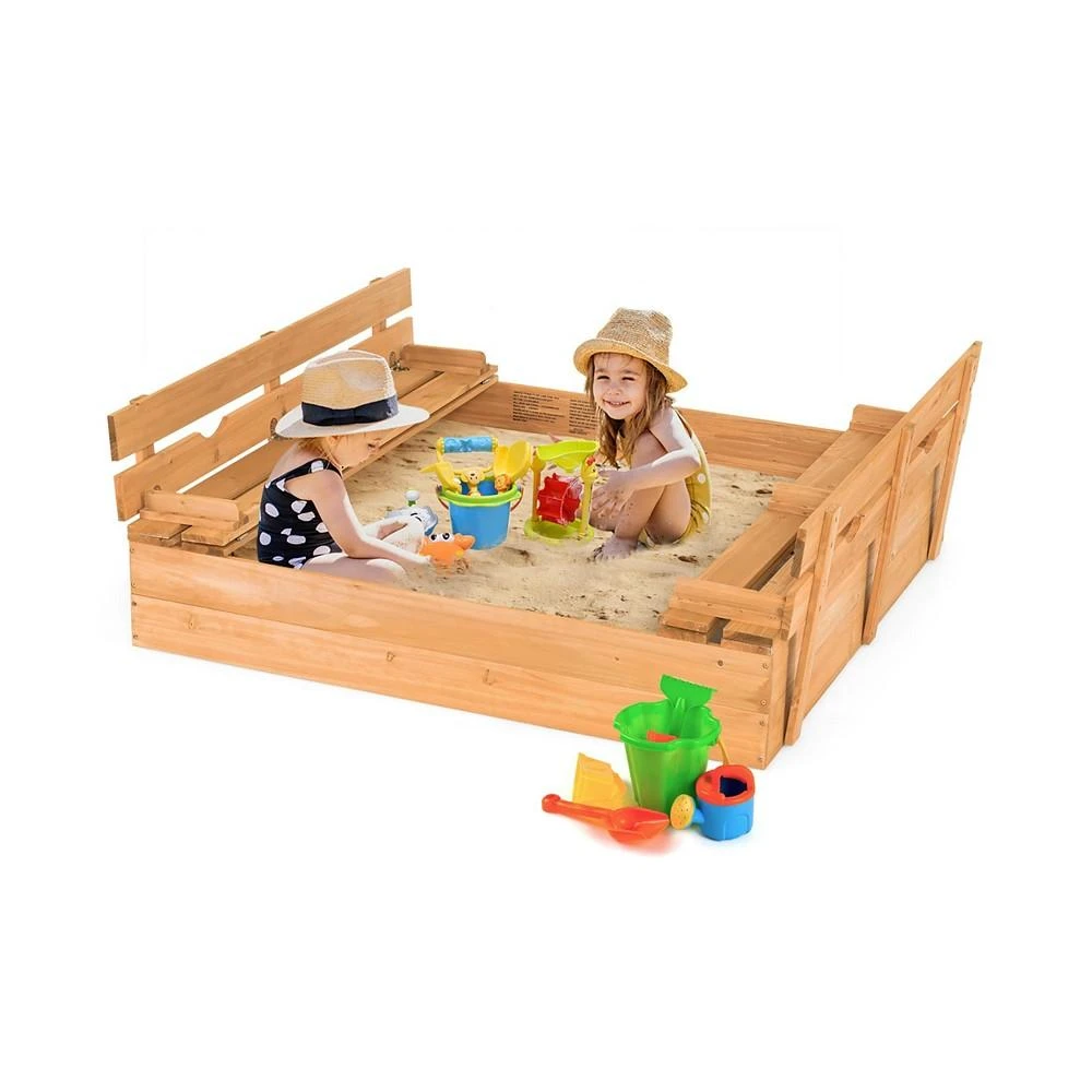 商品Costway|Kids Large Wooden Sandbox w/Cover 2 Convertible Bench Seats for Outdoor Play,价格¥815,第1张图片