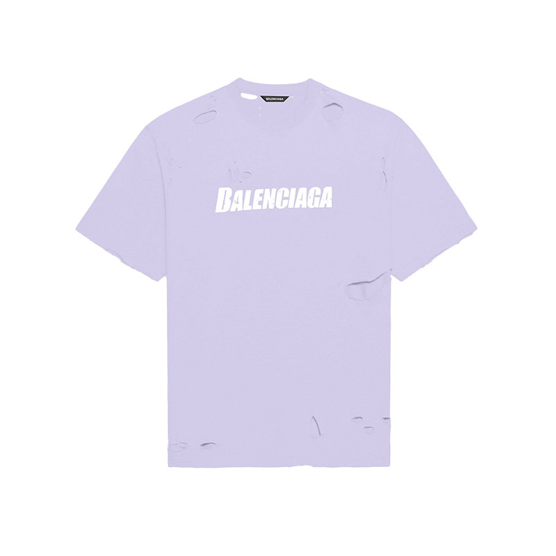【预售3-7天】Balenciaga/巴黎世家 22年早春新款 DESTROYED系列 男女同款紫色纯棉撕裂破洞做旧设计宽松版型短袖T恤651795TKVB83078商品第1张图片规格展示