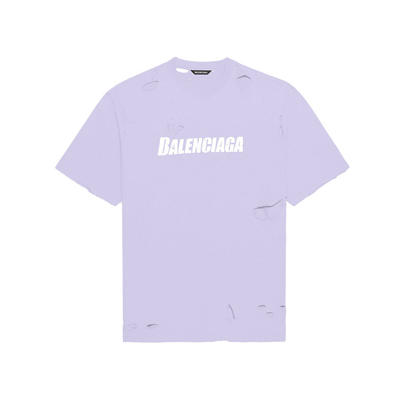 商品Balenciaga|【预售3-7天】Balenciaga/巴黎世家 22年早春新款 DESTROYED系列 男女同款紫色纯棉撕裂破洞做旧设计宽松版型短袖T恤651795TKVB83078,价格¥5369,第1张图片