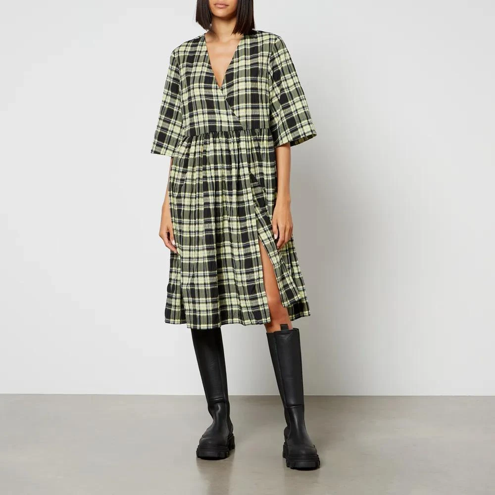 商品Ganni|Ganni Check Organic Cotton-Blend Seersucker Wrap Dress,价格¥1234,第1张图片