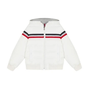 商品Moncler|盟可睐童装 撞色条纹拼接Logo连帽羽绒服外套 冬季男童 白色1A51520-53333-042,价格¥3725,第1张图片