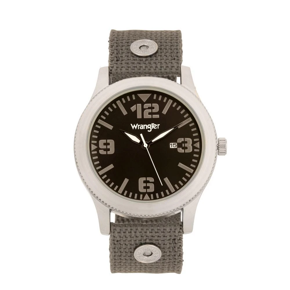 商品Wrangler|Men's Watch, 57MM Silver Colored Case with Black Dial, Black Arabic Numerals with White Hands, Green Nylon Strap with Rivets, White Second Hand,价格¥264,第1张图片