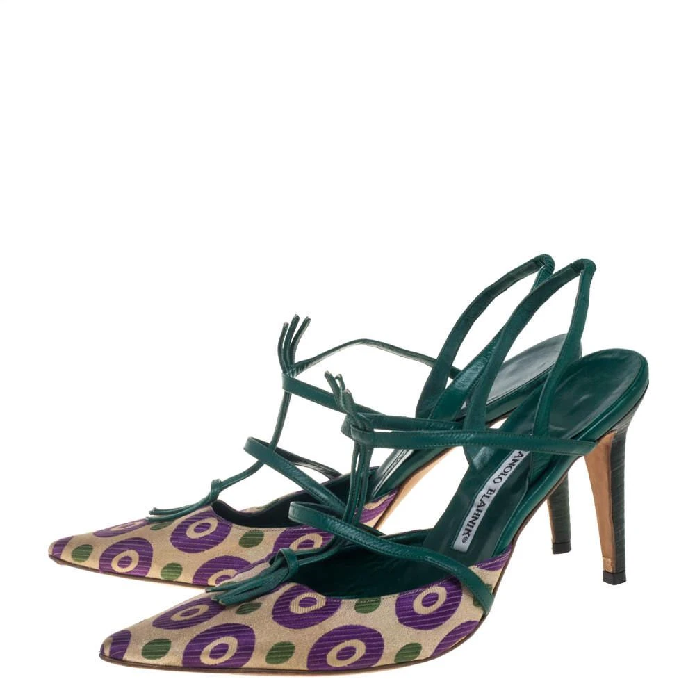 商品[二手商品] Manolo Blahnik|Manolo Blahnik Multicolor Printed Fabric And Leather Pointed Toe Slingback Sandals Size 40.5,价格¥1183,第4张图片详细描述