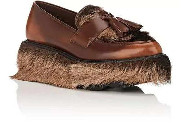 商品Prada|Fur-Trimmed Leather Platform Loafers,价格¥3562,第2张图片详细描述