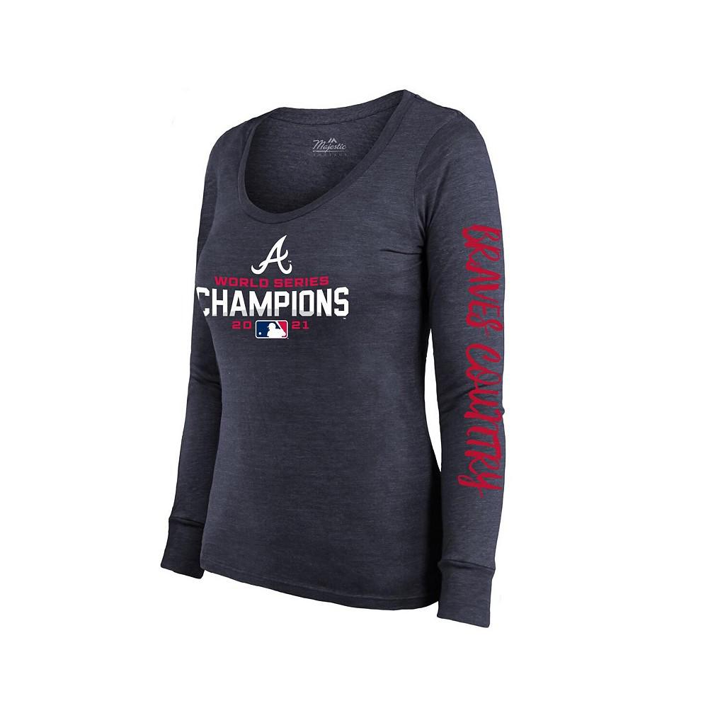 Women's Threads Navy Atlanta Braves 2021 World Series Champions Two-Hit Tri-Blend Long Sleeve Scoop Neck T-shirt商品第3张图片规格展示