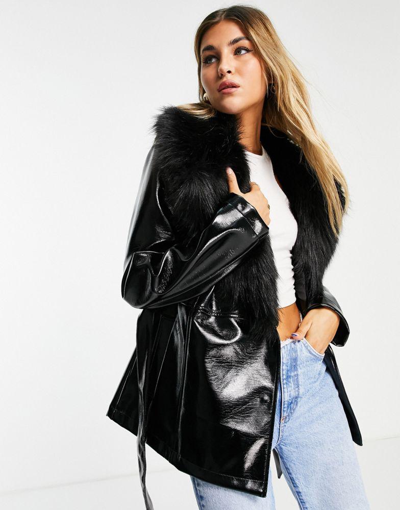 Topshop PU & faux fur trim short belted coat in black商品第1张图片规格展示