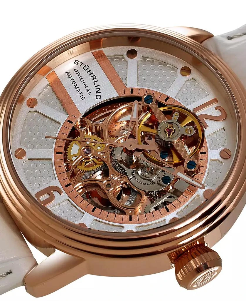 商品Stuhrling|Stainless Steel Rose Tone Case on White Perforated Alligator Embossed Genuine Leather Strap with Gray Contrast Stitching, Silver Skeletonized Dial, with Rose Tone Accents,价格¥1699,第3张图片详细描述