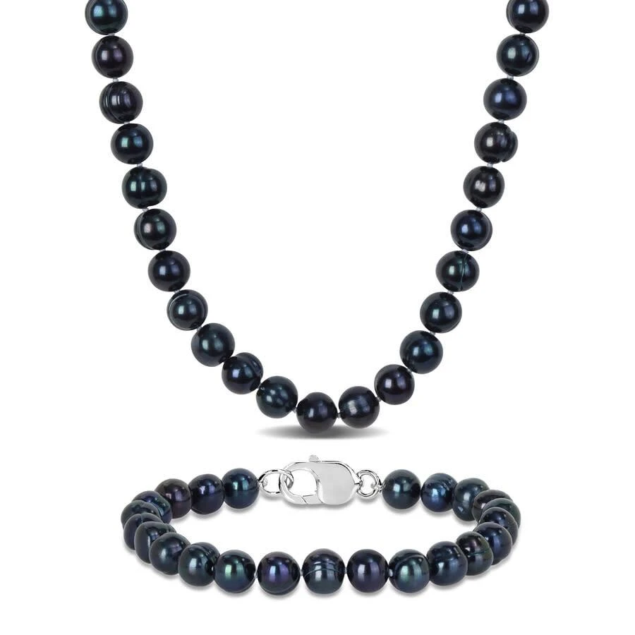 商品Amour|Men's 2-Piece Set 8-8.5mm Black Cultured Freshwater Pearl Necklace and Bracelet with Sterling Silver Clasps - 20in & 9in,价格¥1099,第1张图片